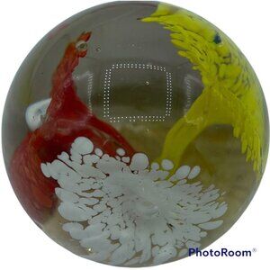 Handcrafted Vintage Glass Paperweight Intricate Yellow Red White Floral Design
